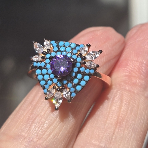 Amethyst Turquise & topaz Sterling & Rosegold Ring Sz8 - Picture 1 of 12